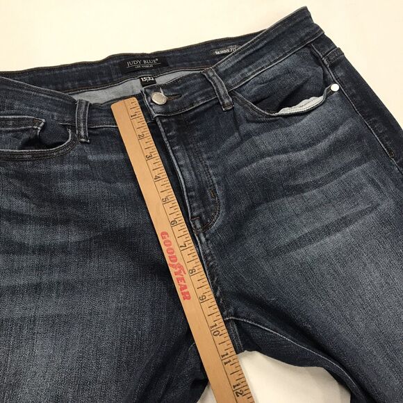 JUDY BLUE Skinny Jeans Women 34x28 Slim Fit Dark Wash Blue Distressed Fray Cuff - Picture 15 of 16